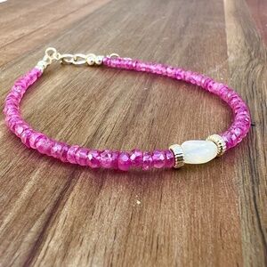 New Handmade 14k Gold Pink Spinel & Opal Bracelet: Gemstone Jewelry, 7.5-7.9"
